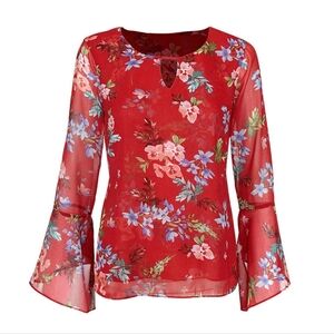 CAbi Devoted Blouse - Red Floral Bell-Sleeve Chiffon Top